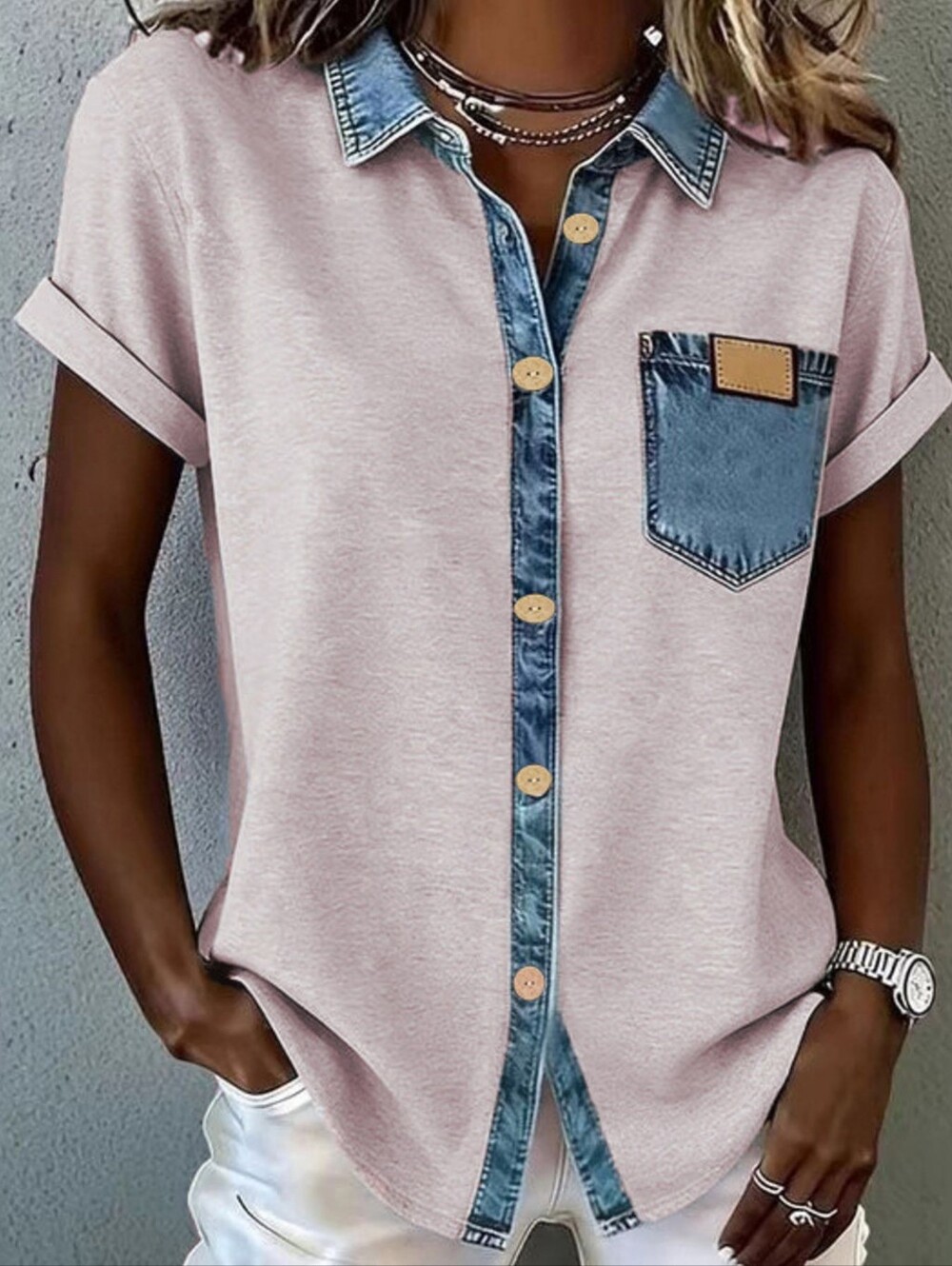 Hudson Short Sleeve Denim Trim Top - Pink